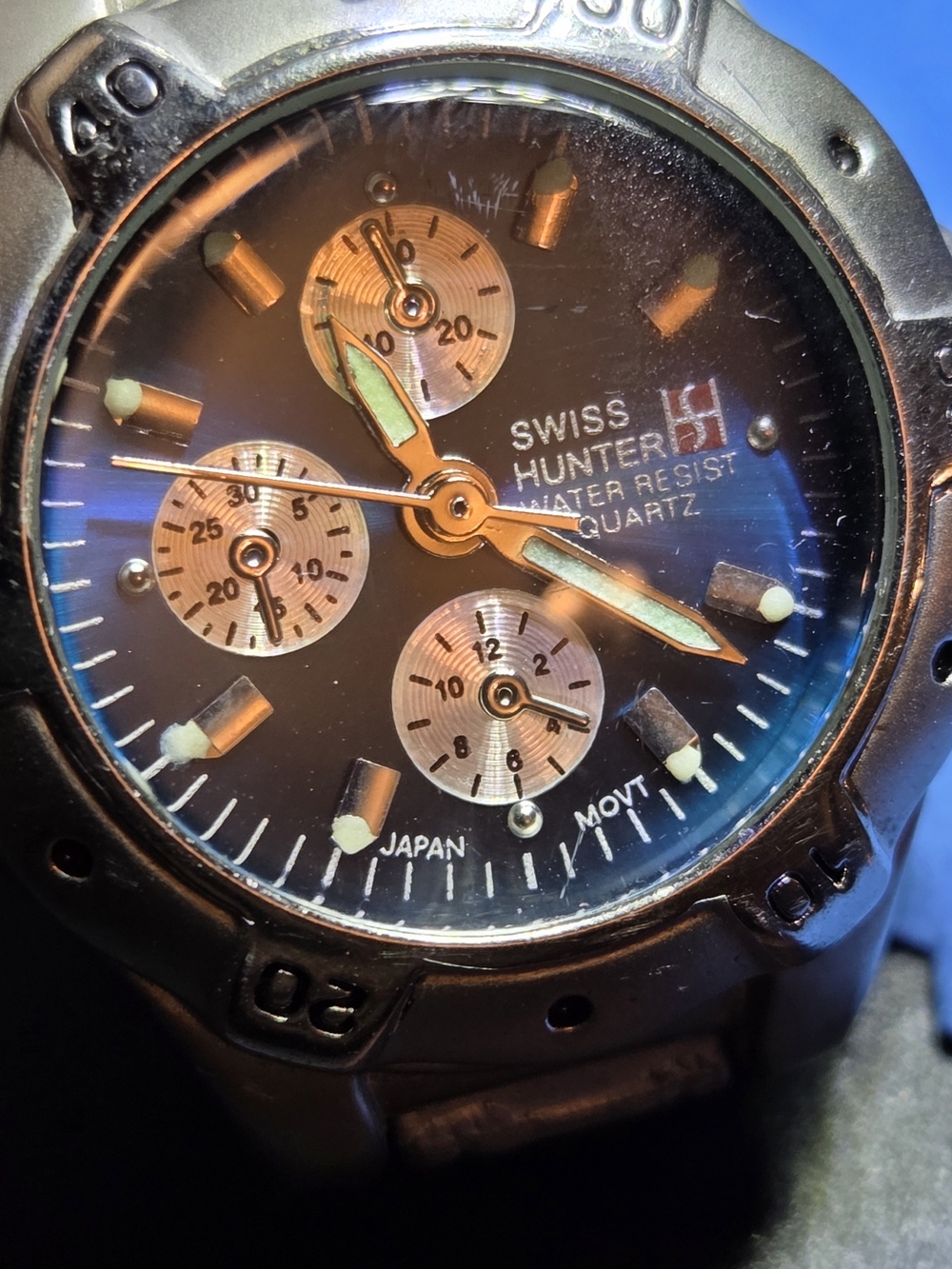 VINTAGE Womans Swiss Hunter Blue Dial Chronograph Watch